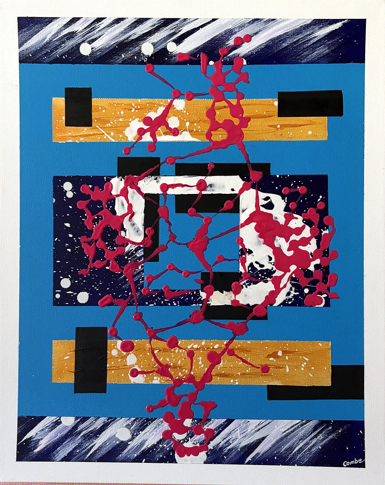 Abstract painting by Colin Combe with blue and gold blocks, black bars and splashes of crimson red