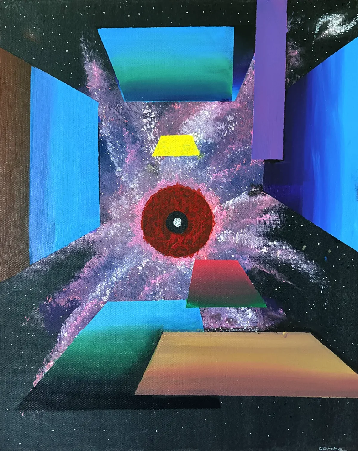 Abstract painting by Colin Combe of a cosmic corridor with a galaxy burst and floating geometric shapes