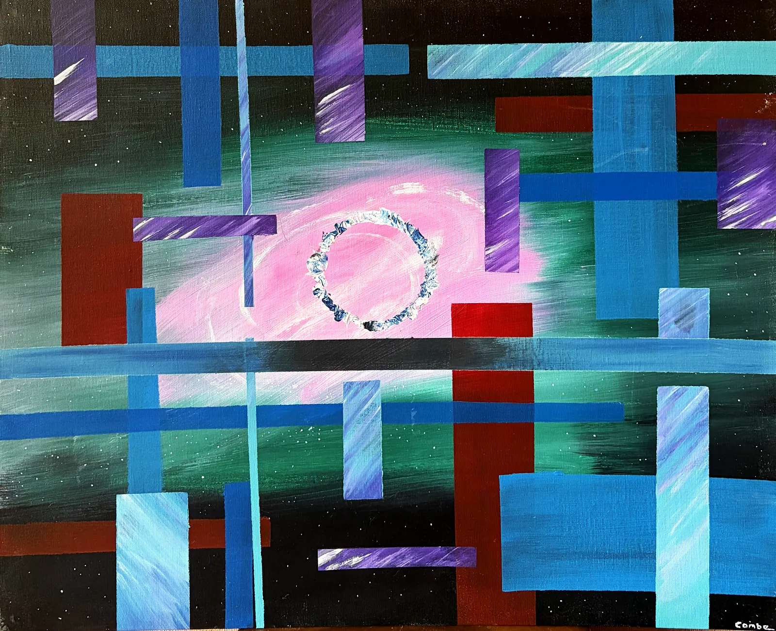 Geometric abstract painting by Colin Combe with blue, red and violet bars around a glowing pink centre