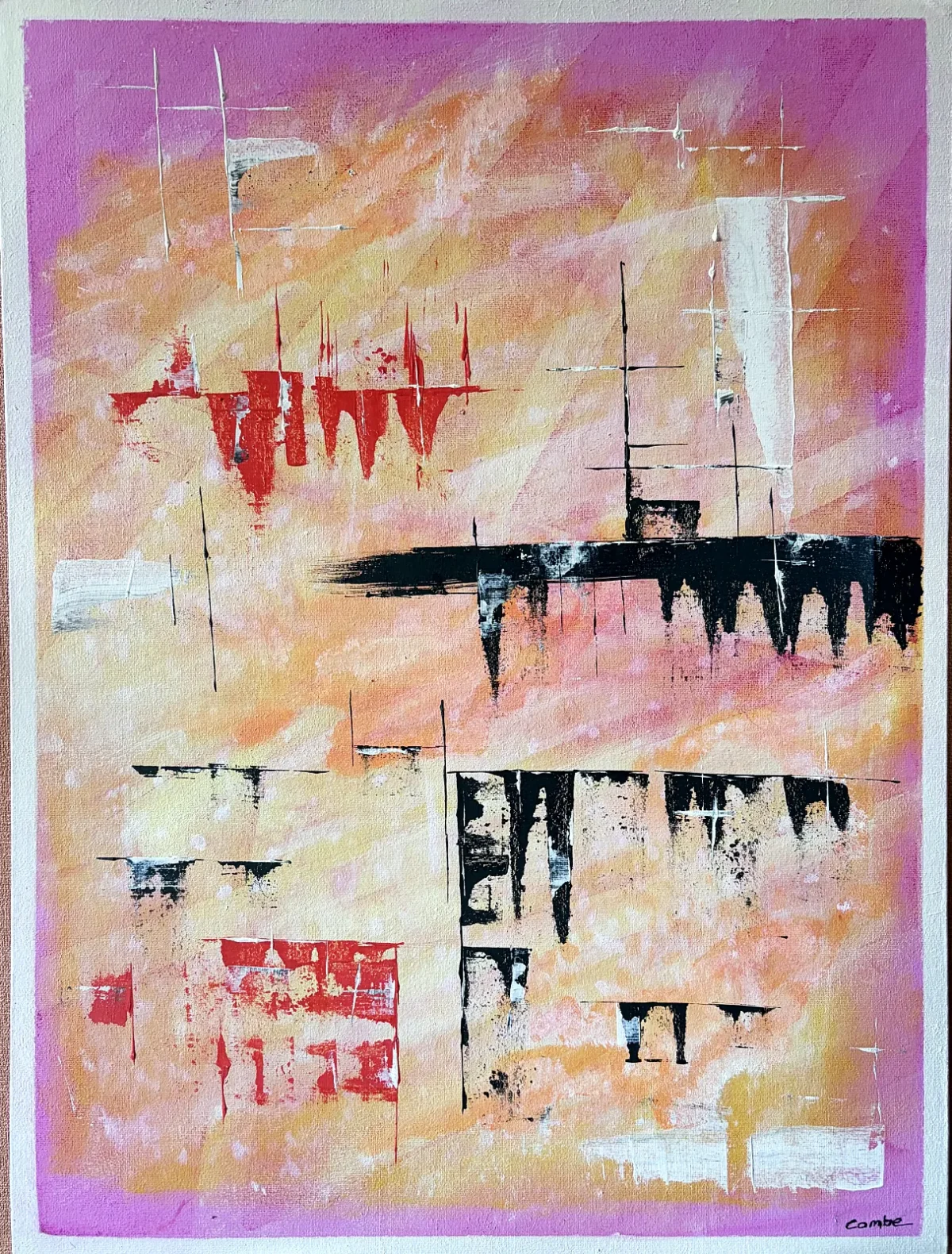 Abstract painting by Colin Combe with dripping black and red forms over a pink and orange background
