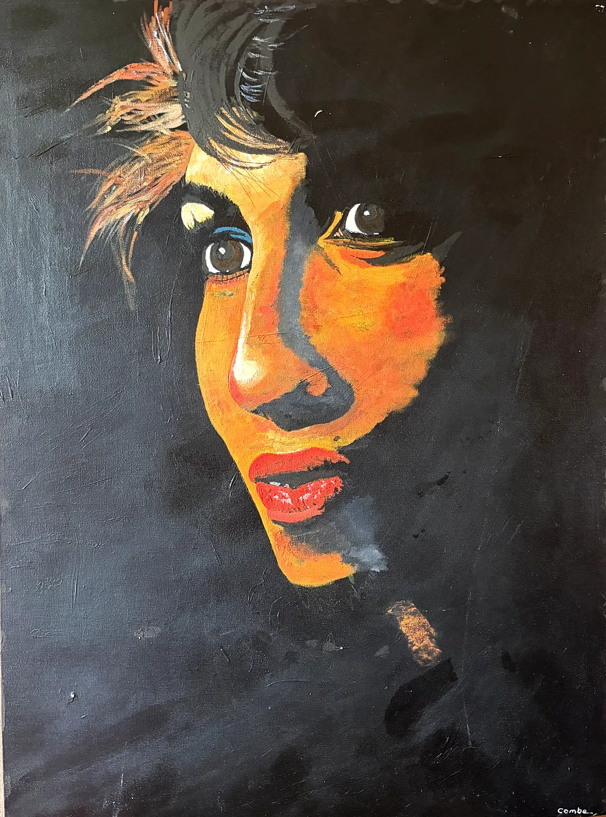 Portrait painting of Amy Winehouse by Colin Combe, her face lit in orange tones against a dark background