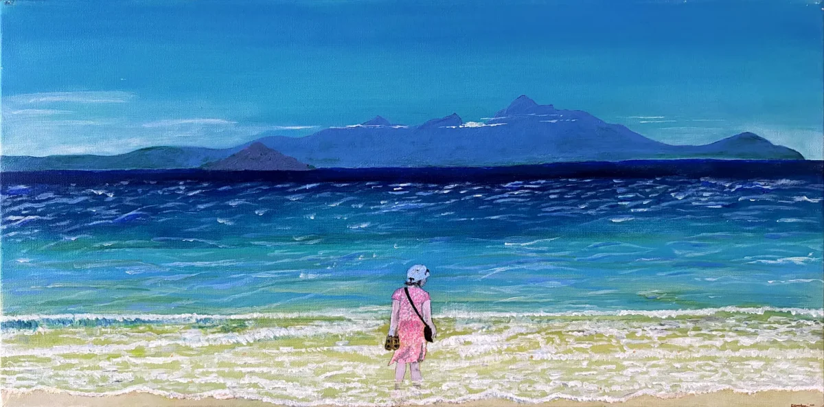 Painting by Colin Combe of a figure paddling at Barassie Beach, Ayrshire, looking across turquoise sea to distant hills
