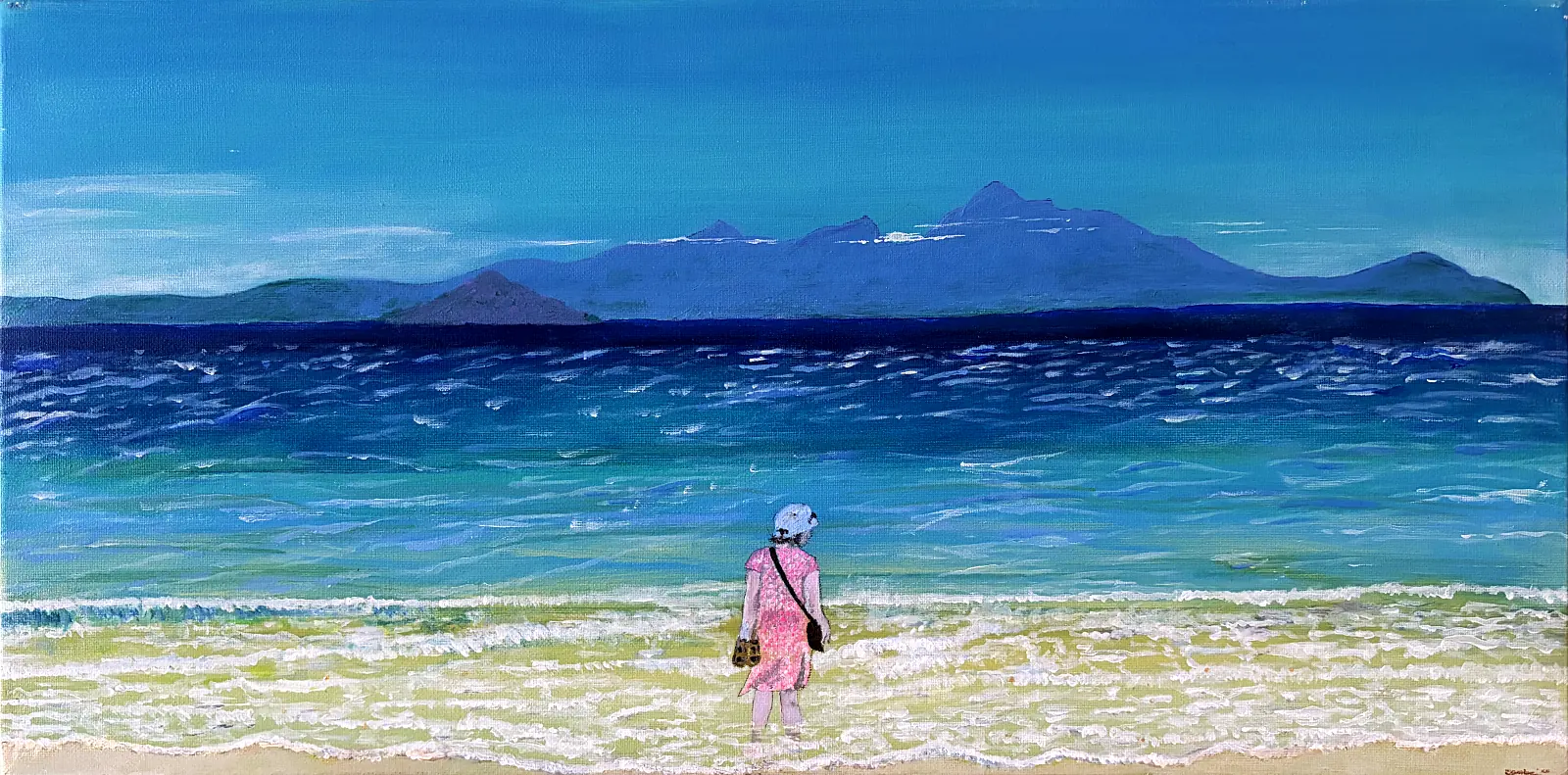 Painting by Colin Combe of a figure paddling at Barassie Beach, Ayrshire, looking across turquoise sea to distant hills