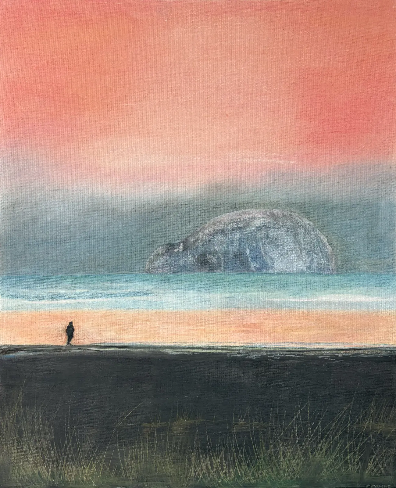 Painting by Colin Combe of a lone figure on the shore under a pink sky, with a rocky island in the sea mist