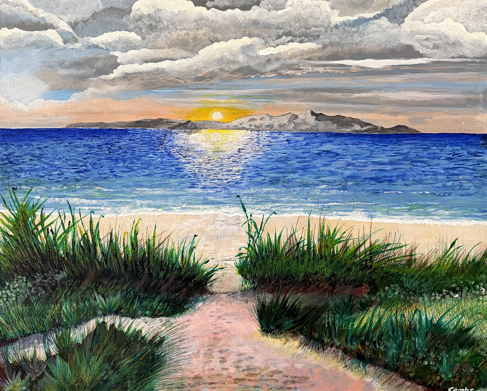 Painting by Colin Combe of a sandy path through dune grass to the sea at sunset