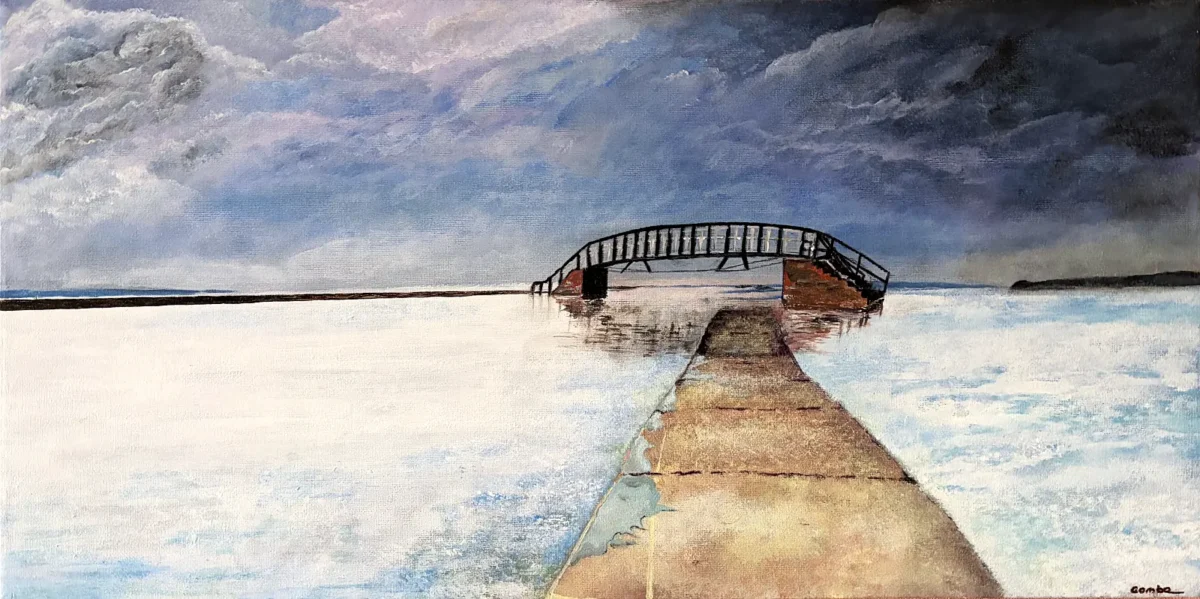 Painting by Colin Combe of the Bridge to Nowhere at Belhaven Bay, Dunbar, standing in the sea under a dark stormy sky