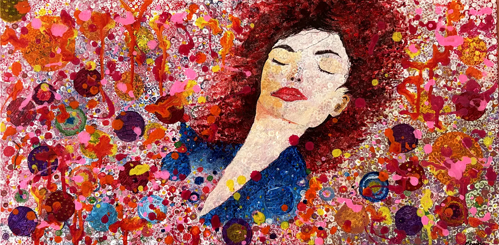 Painting by Colin Combe of a sleeping woman with flowing red hair surrounded by colourful circles
