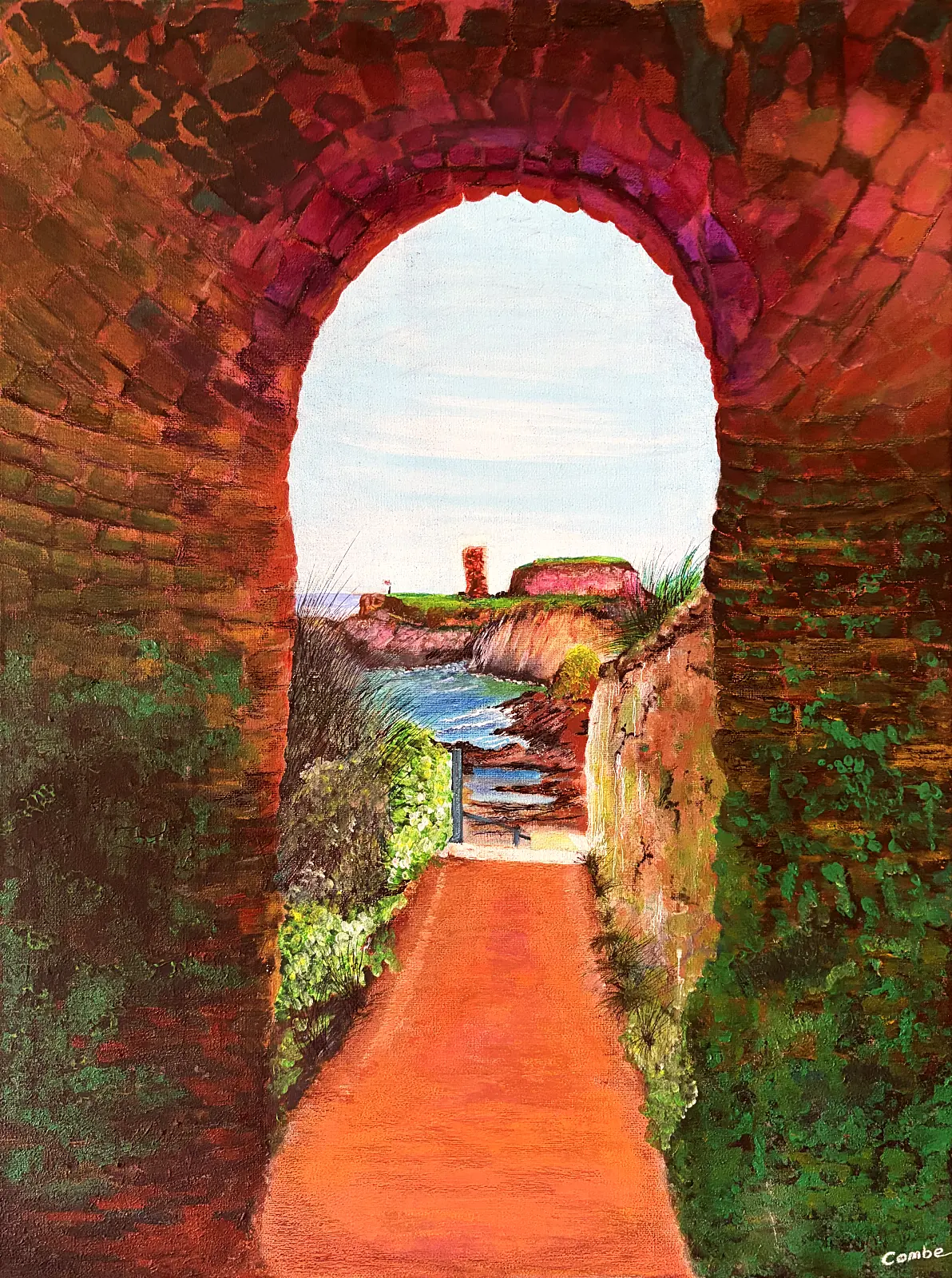 Painting by Colin Combe looking through a stone tunnel in Dunbar down a red path to the sea and a clifftop ruin