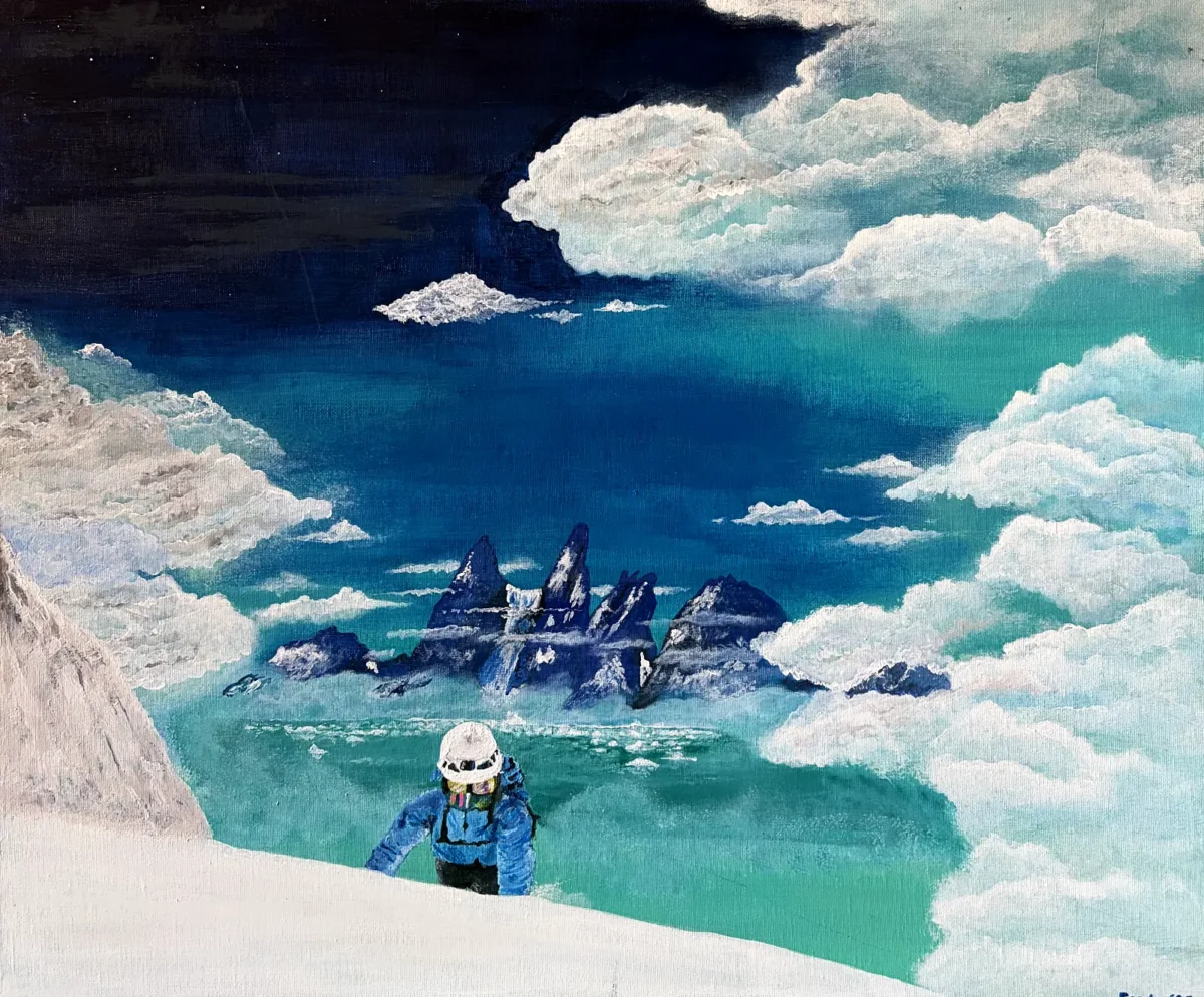 Painting by Colin Combe of a mountaineer climbing above the clouds towards a distant rocky summit