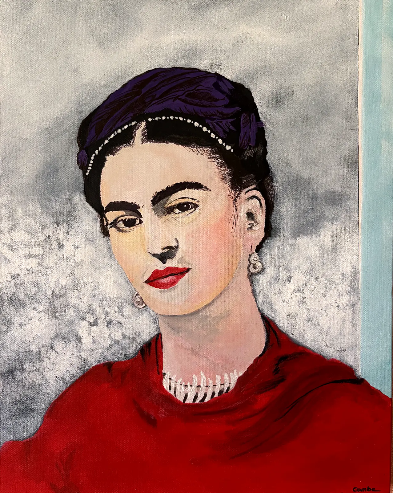 Portrait painting of Frida Kahlo by Colin Combe in a red shawl against a soft grey background