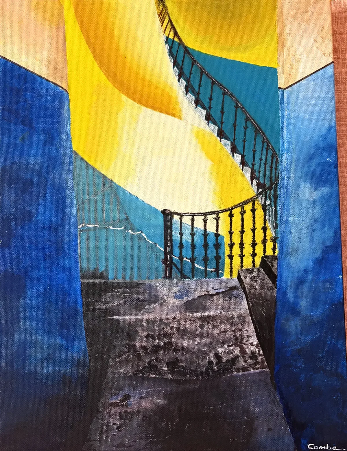 Painting by Colin Combe of a Glasgow tenement spiral staircase rising between blue walls into yellow light