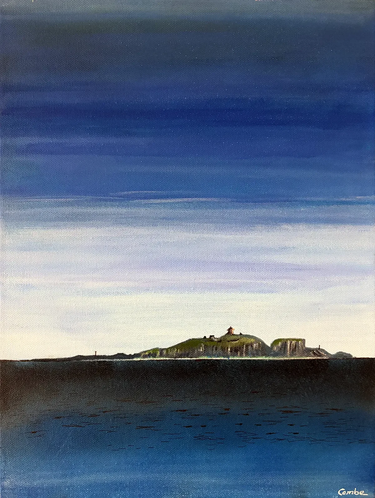 Painting by Colin Combe of a small island on the horizon under layered blue skies over calm dark water