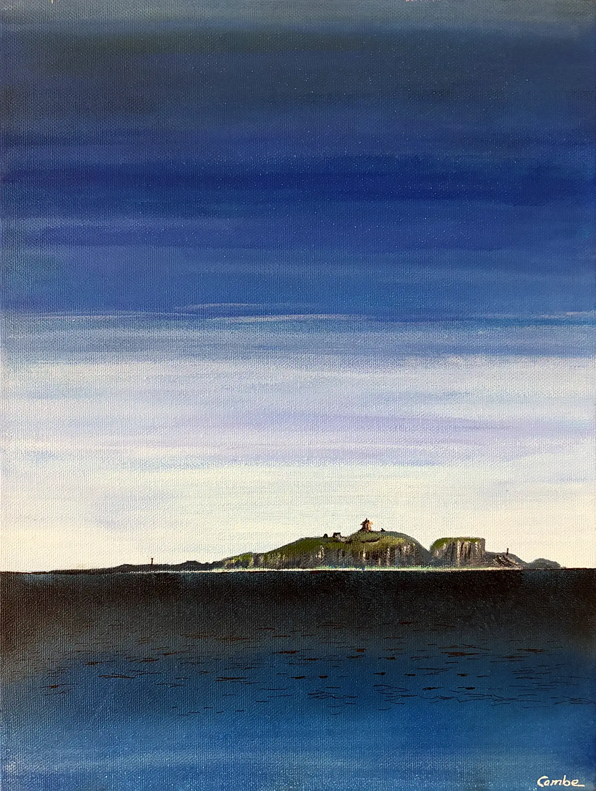 Painting by Colin Combe of a small island on the horizon under layered blue skies over calm dark water
