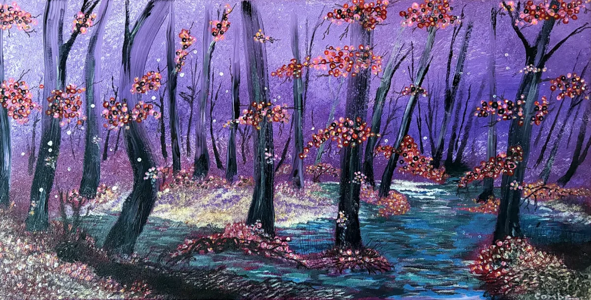 Painting by Colin Combe of a violet Japanese forest with dark trees, red blossom and a winding stream