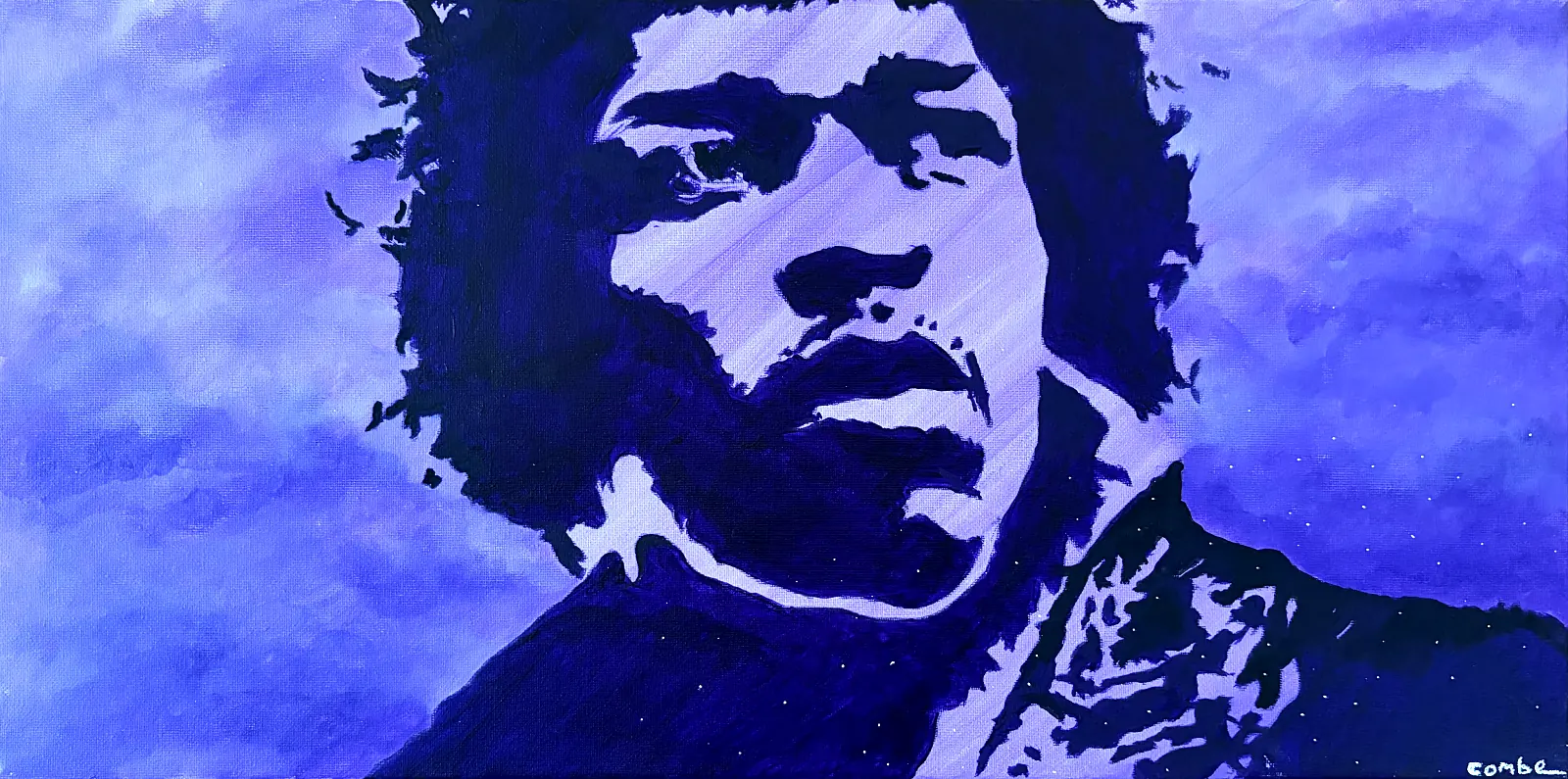 Pop art portrait of Jimi Hendrix by Colin Combe in blue and violet tones