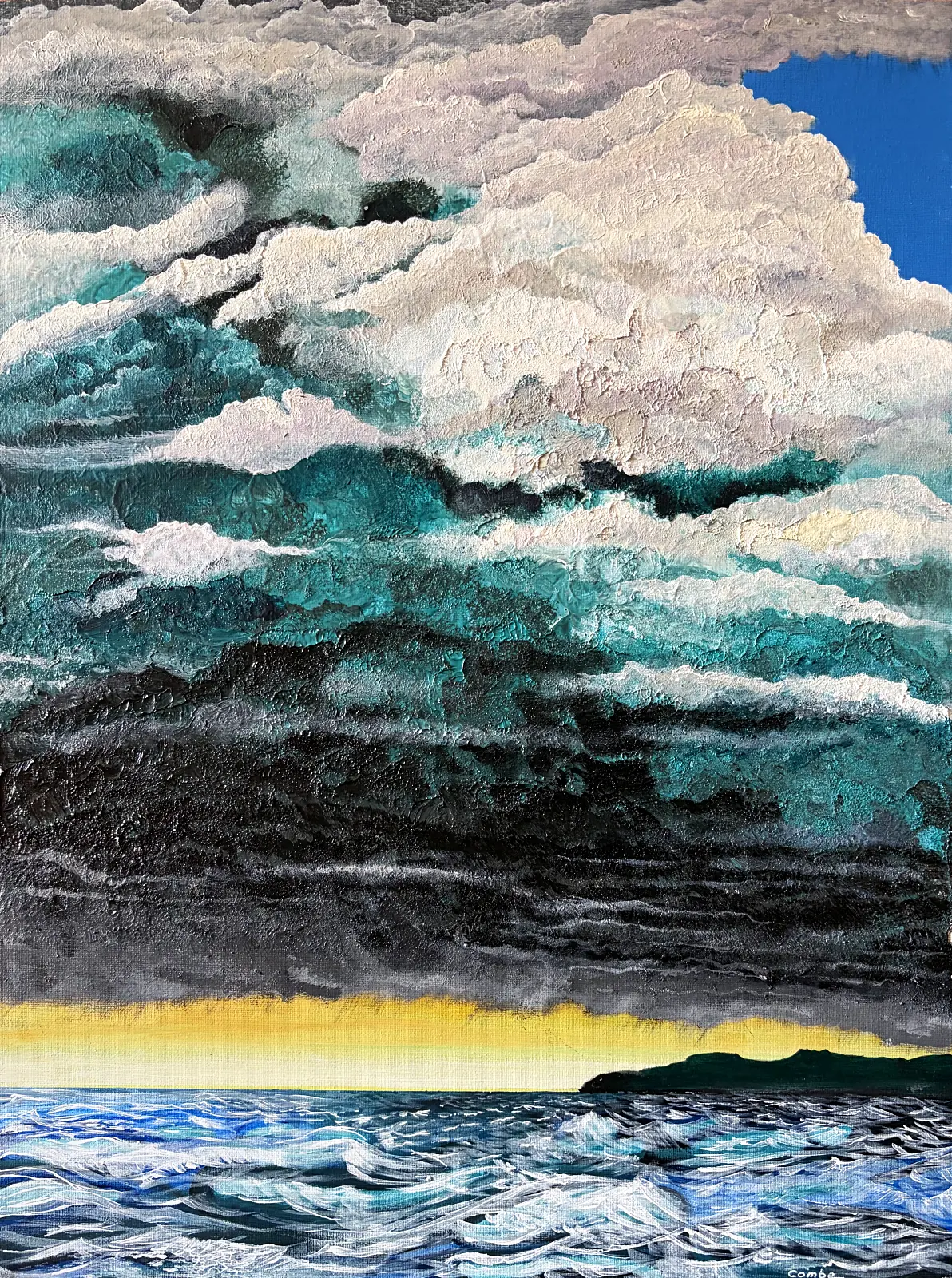 Painting by Colin Combe of towering storm clouds over a rough sea with a band of golden light on the horizon